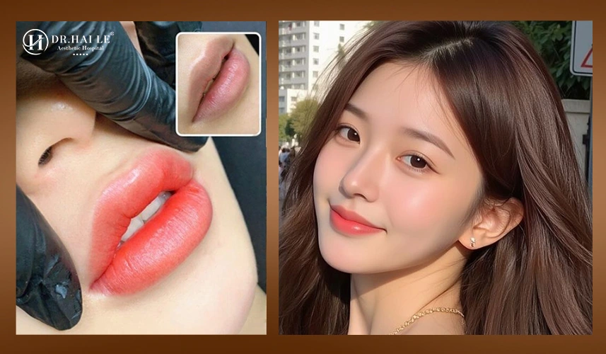 Phun Môi Collagen Pro Baby Lip 4 Trước & sau phun môi Collagen: môi đều màu – căng mịn rõ